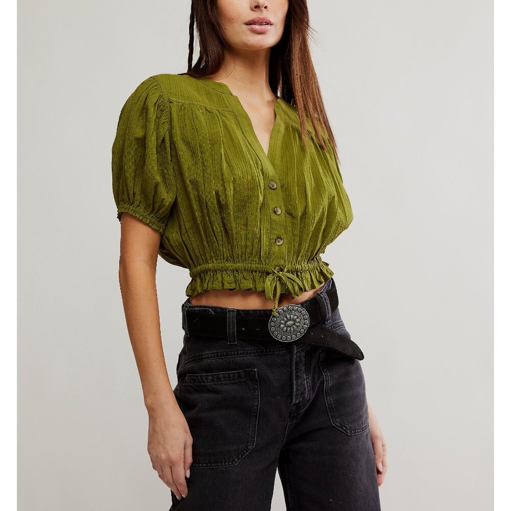 Free People Olive Green Button-Front Crop Blouse